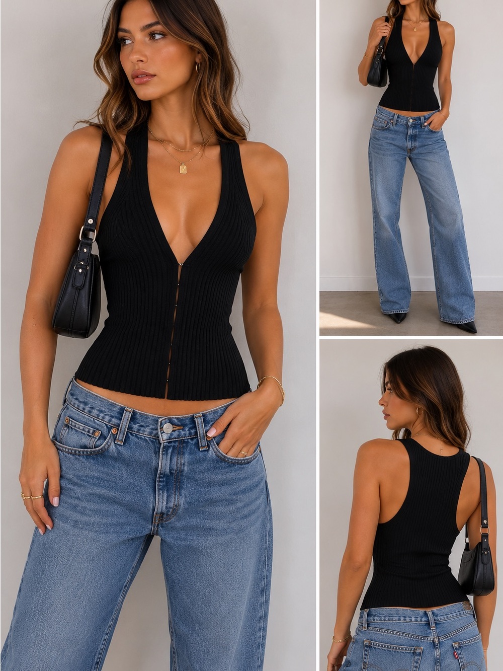 Free People Intimately Black Ribbed Deep V Tank Top Small – Y2K Going Out